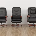 Comfortable Black Leather Office Chair With Wooden Armrests Thick Backrest And Wheels