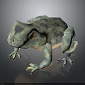 3D Low Poly Frog with Blue Green Black Spots and Orange Eyes on Dark Background