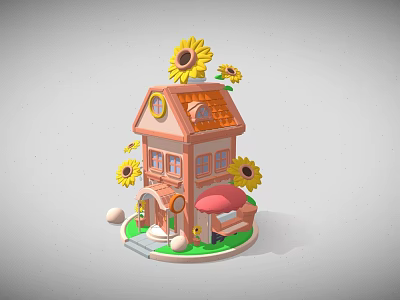 Cartoon Style House Scene With Sunflowers Red Umbrella Roof Clock And Small Eggs 3d model