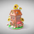Cartoon Style House Scene With Sunflowers Red Umbrella Roof Clock And Small Eggs