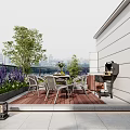 Scenic Villa Balcony With Outdoor Umbrella Dining Furniture Purple Flowers Trees And City View