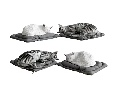 Set of Four Curled Up Cat Plush Toys Sleeping On Gray Cushions 3d model
