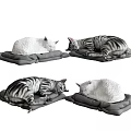 Set of Four Curled Up Cat Plush Toys Sleeping On Gray Cushions