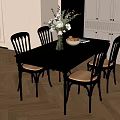 Black Top Dining Table Set with Four Wooden Chairs Decorative Vase Fruit Bowl in Kitchen