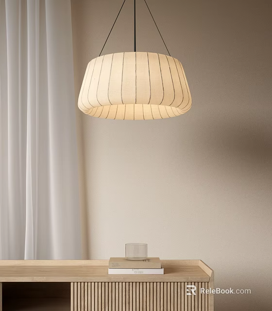 Cream Colored Pendant Light With Vertical Stripes Hanging Near White Curtains And Light Colored Wall 3d model 