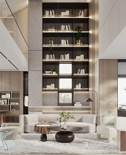 Modern Duplex Living Room Interior With Built in Bookshelves And Green Plants 3d model 