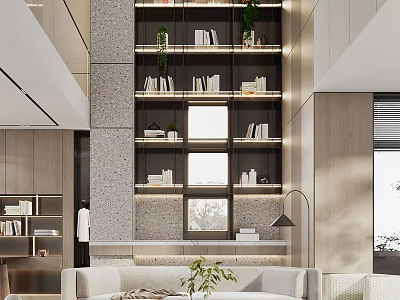 Modern Duplex Living Room Interior With Built in Bookshelves And Green Plants 3d model