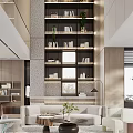 Modern Duplex Living Room Interior With Built in Bookshelves And Green Plants