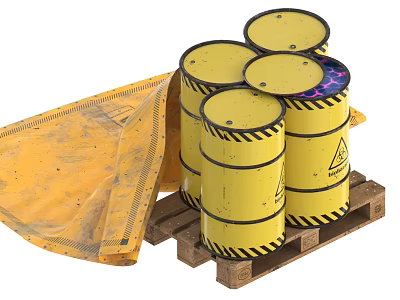 Industrial Equipment With Yellow Drums Black Stripes Warning Signs Yellow Bag And Wooden Pallet 3d model