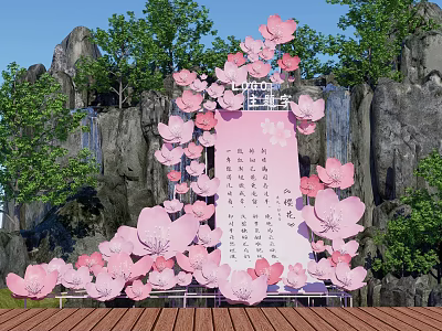 Floral Art Installation With Pink Cherry Blossoms Rocky Background And Green Trees 3d model