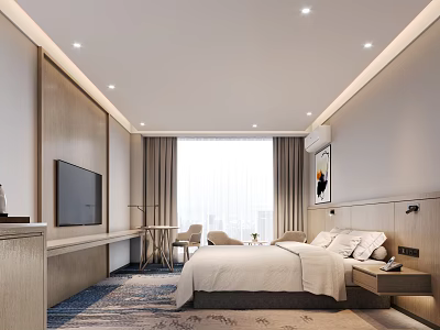 Modern Hotel Room Interior With Bed TV Table Chair And Window Curtains 3d model