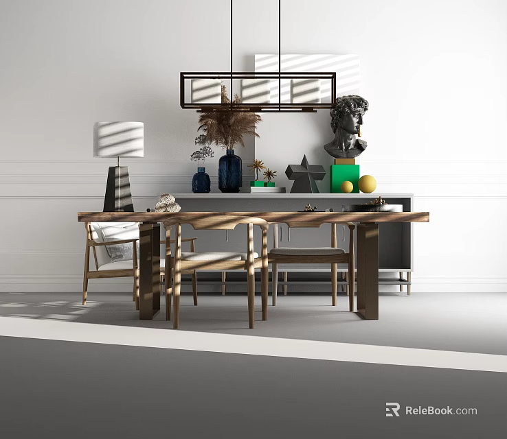 Elegant Wooden Dining Table With Four Chairs Decorative Vases And Pendant Light 3d model 