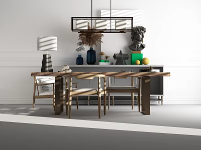 Elegant Wooden Dining Table With Four Chairs Decorative Vases And Pendant Light 3d model