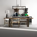 Elegant Wooden Dining Table With Four Chairs Decorative Vases And Pendant Light