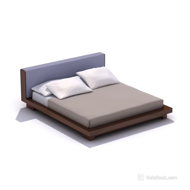 Modern Double Bed With Wooden Frame Blue Headboard Gray Mattress And White Pillows 3d model 