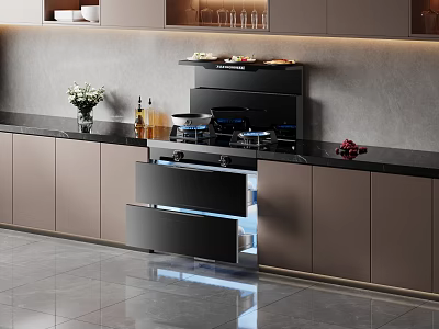 Modern Kitchen Interior Design With Black Countertop Cabinets Open Drawer And Appliances 3d model