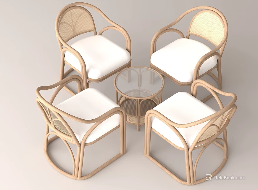 Rattan Table and Chair Set with Four Chairs Round Glass Top and White Cushions 3d model 