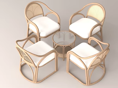 Rattan Table and Chair Set with Four Chairs Round Glass Top and White Cushions 3d model