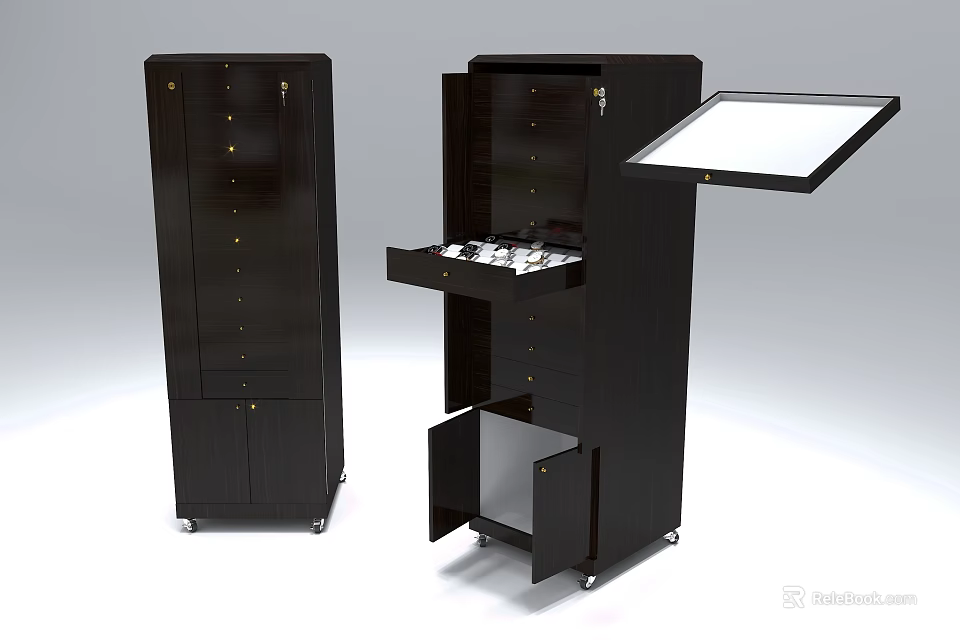 Black Storage Cabinet With Wheels Open Drawers Tabletop And Multiple Shelves 3d model 