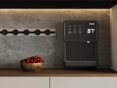 Black Water Dispenser On Kitchen Countertop With Wooden Bowl Cherries And Gray Marble Wall 3d model