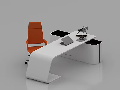 Modern White Office Desk With Orange Chair Laptop Horse Sculpture And Black Storage 3d model