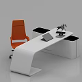 Modern White Office Desk With Orange Chair Laptop Horse Sculpture And Black Storage