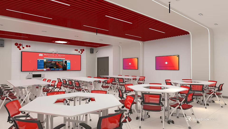 School Classroom With Red Ceiling and White Walls Multiple Screens Red Chairs And White Tables 3d model 
