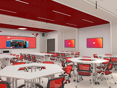 School Classroom With Red Ceiling and White Walls Multiple Screens Red Chairs And White Tables 3d model