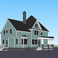 Single Family House With Light Blue Exterior Black Roof Chimney Porch And Stone Foundation