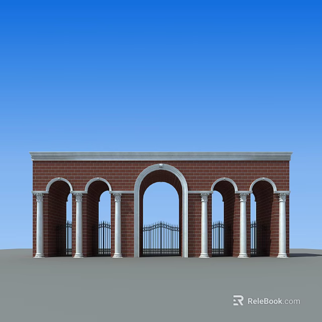 Red Brick Entrance Gate With Arched Design White Columns And Black Iron Gate 3d model 