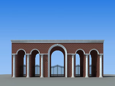 Red Brick Entrance Gate With Arched Design White Columns And Black Iron Gate 3d model