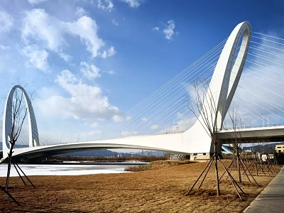Modern White Arch Bridge With Cable Stay Design Over River And Blue Sky 3d model