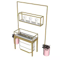 Elegant Golden Display Cabinet Shelf With White Hand Models Glass Case Drawers And Pink Pots
