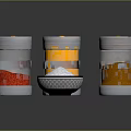 Glass Spice Jars With Metal Lids Containing Red Orange Brown Spices And White Powder Bowl