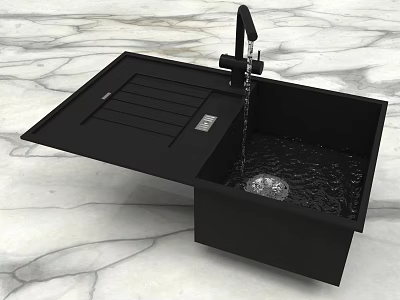 Modern Black Kitchen Sink with Faucet Water Flowing on Marble Countertop 3d model