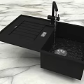 Modern Black Kitchen Sink with Faucet Water Flowing on Marble Countertop