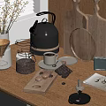 Modern Kitchen Utensils With Kettle Coffee Pot Wooden Cutting Boards And Glass Jars On Countertop