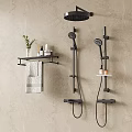 Black Shower System With Handheld Sprayer Wall Shelf Towel And Bath Products