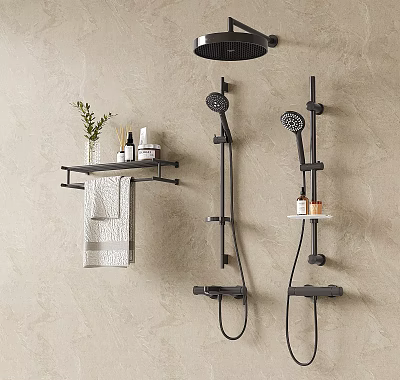 Black Shower System With Handheld Sprayer Wall Shelf Towel And Bath Products 3d model
