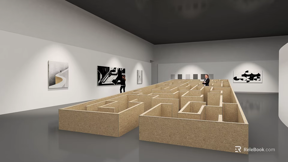 Cultural Art Exhibition Hall Interior With Maze like Art Installations And Paintings On Walls 3d model 