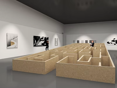 Cultural Art Exhibition Hall Interior With Maze like Art Installations And Paintings On Walls 3d model