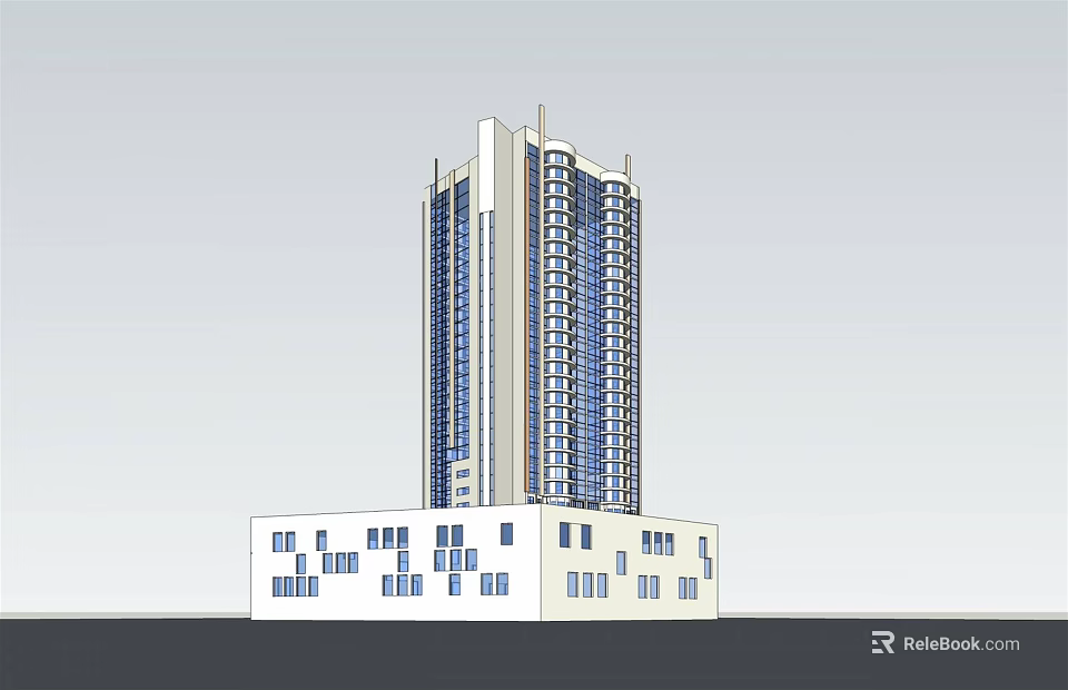 Modern High Rise Building With Low Rise Base And Grid Window Design 3d model
