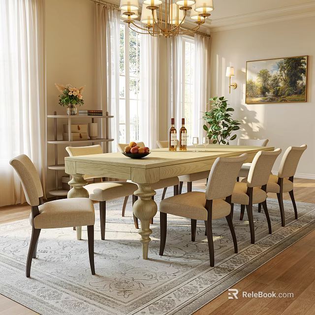 Dining Room Featuring Light Wood Table Beige Chairs Wine Bottles Window Curtains And Green Plant 3d model 