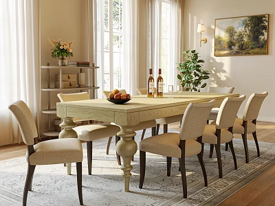 Dining Room Featuring Light Wood Table Beige Chairs Wine Bottles Window Curtains And Green Plant 3d model