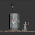 3D Model Street Scene With Street Lamp Stone Monument And Brick Pavement