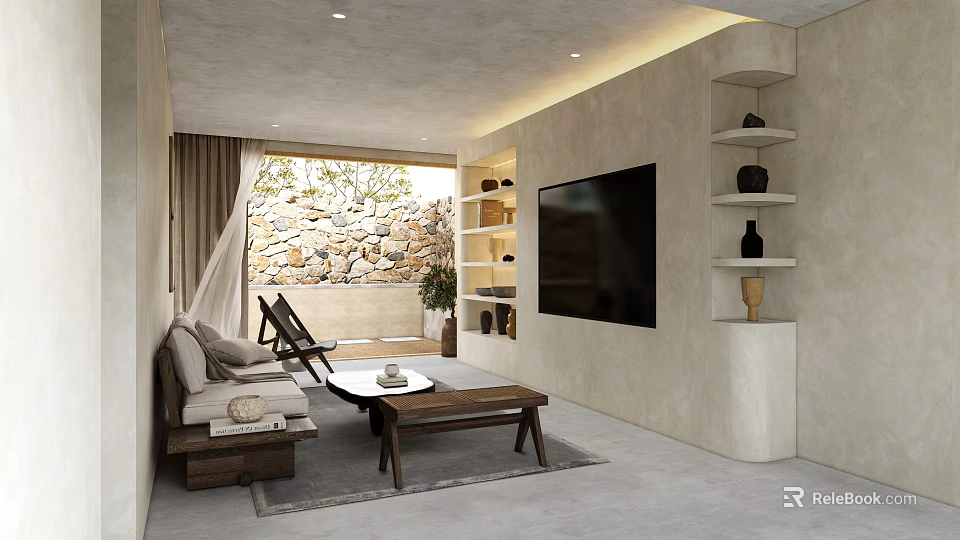 Modern Living Room Interior With Stone Wall Sofa Coffee Table TV And Decorative Shelves 3d model 