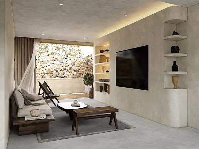 Modern Living Room Interior With Stone Wall Sofa Coffee Table TV And Decorative Shelves 3d model