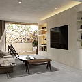 Modern Living Room Interior With Stone Wall Sofa Coffee Table TV And Decorative Shelves