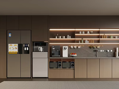 Modern Kitchen Interior With Dark Cabinets Refrigerator Coffee Machine Microwaves And Lighted Shelves 3d model