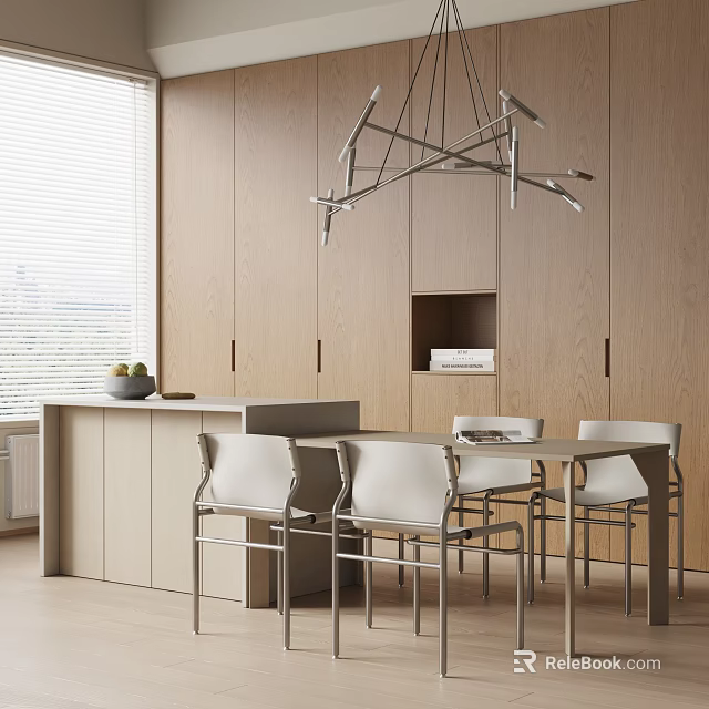 Modern Open Kitchen Interior Design With Stylish Bar Counter And Cabinets 3d model